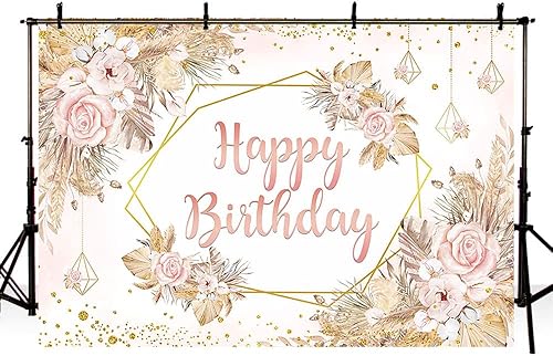Miniatura 4 de Telón de fondo bohemio de feliz cumpleaños de 7 x 5 pies para niña, bohemio, rosa, floral, pampas, dorado, purpurina, fondo de fotografía de