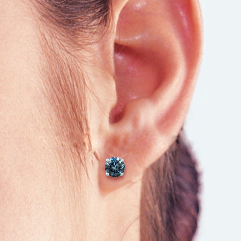 Blue - I1 Round Brilliant Cut Diamond Earring Studs in 14K Gold - Image 4