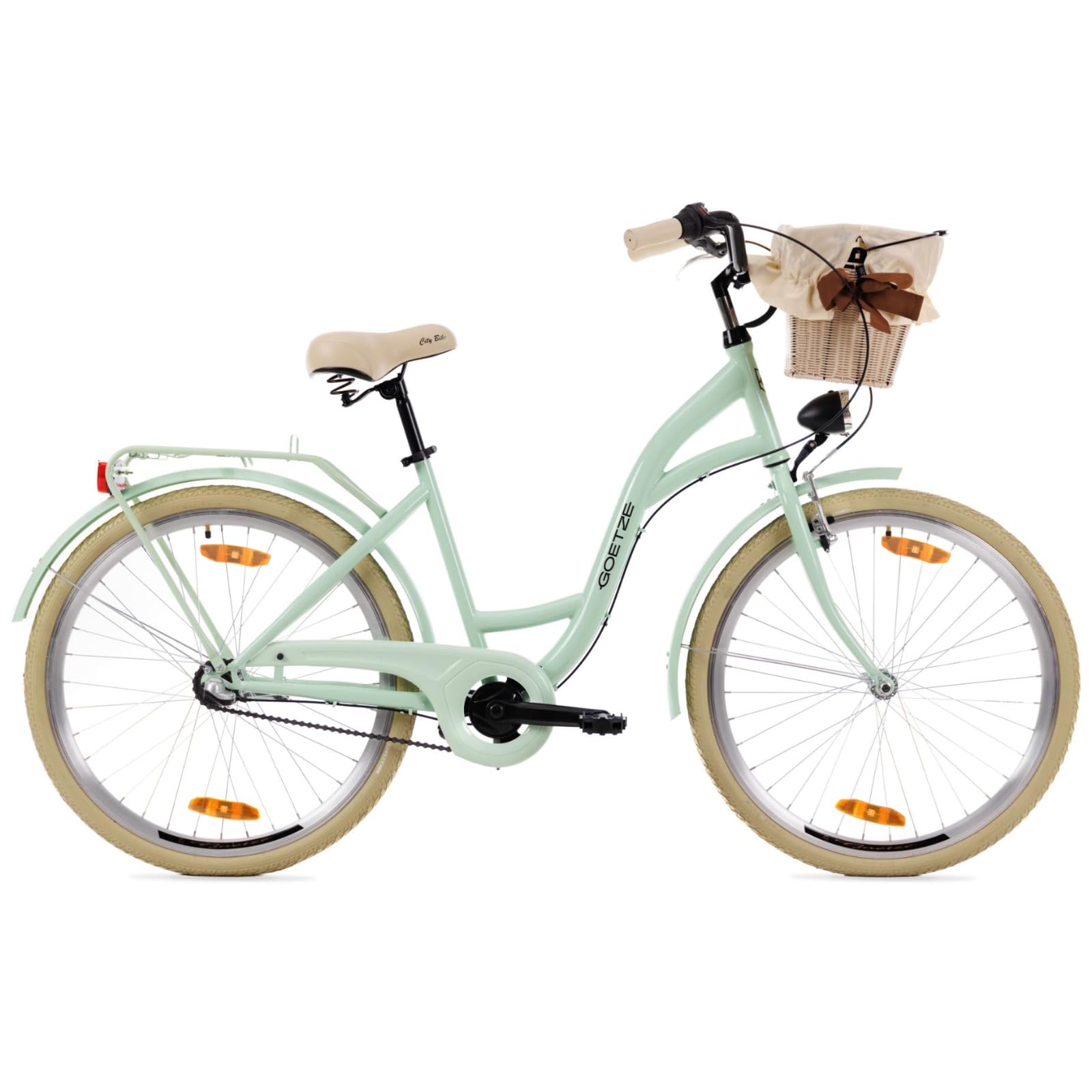 Goetze Style 26 Zoll Citybike, 17 Zoll Tiefeinsteiger Rahmen, 3-Gang Nabenschaltung, Rücktrittbremse, V-Bremse vorne, LED-Beleuchtung, Rattankorb, Komfortsattel, mit Seitenständer & Klingel