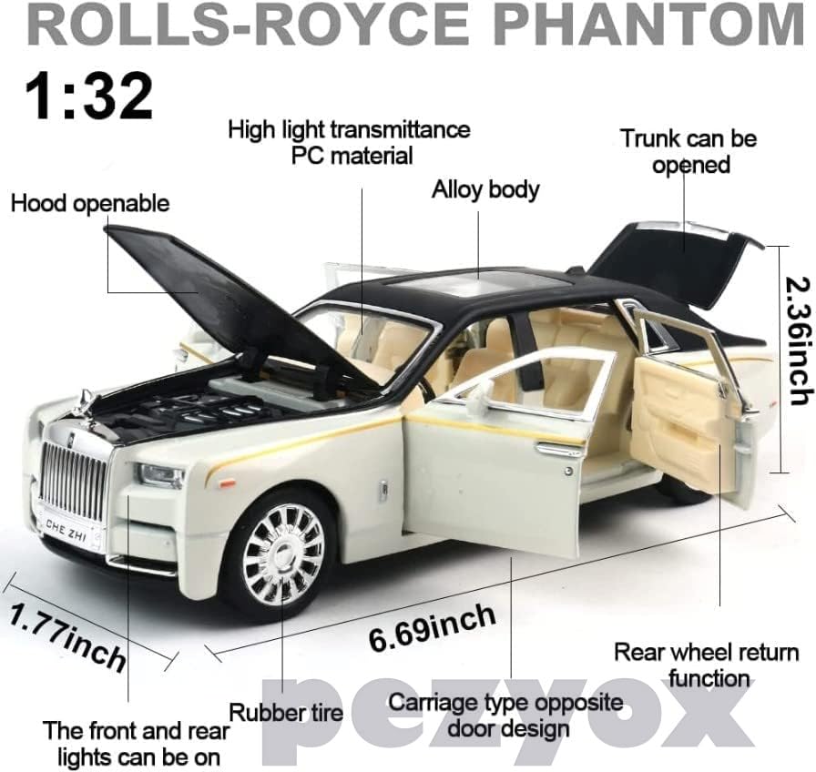 Image of 1:32 Rolls Royce Phantom Diecast Metal Pullback Openable Doors Toy Cars with Flashing Light and Musical Sound for Gifts Toys for Kids Boys and Girls. (White)