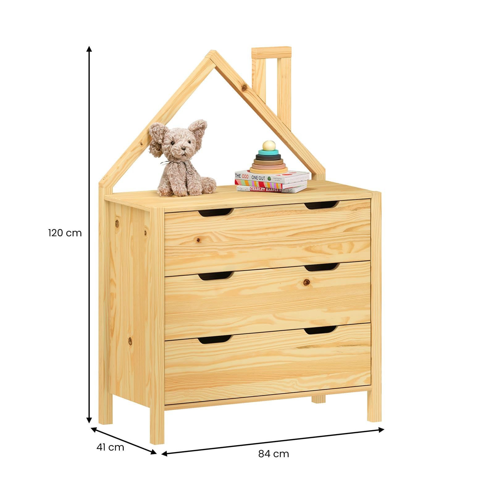IDIMEX Commode Enfant ELANO en Bois Massif Coloris Naturel avec 3 Tiroirs de Rangement, 84 x 120 x 41 cm, Meuble Chambre en Forme de Maison, Style Montessori, pour Fille ou garçon