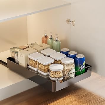 Pull Out Cabinet Organizer, Pull Out Telescopic Kitchen Drawer Extendable Sliding Kitchen Pullout Drawer Organisers For Kitchen Cupboard Cabinet, Drill-Free, 40cm W X 43cm D X 7cm H,WhiteBlack,43*40*