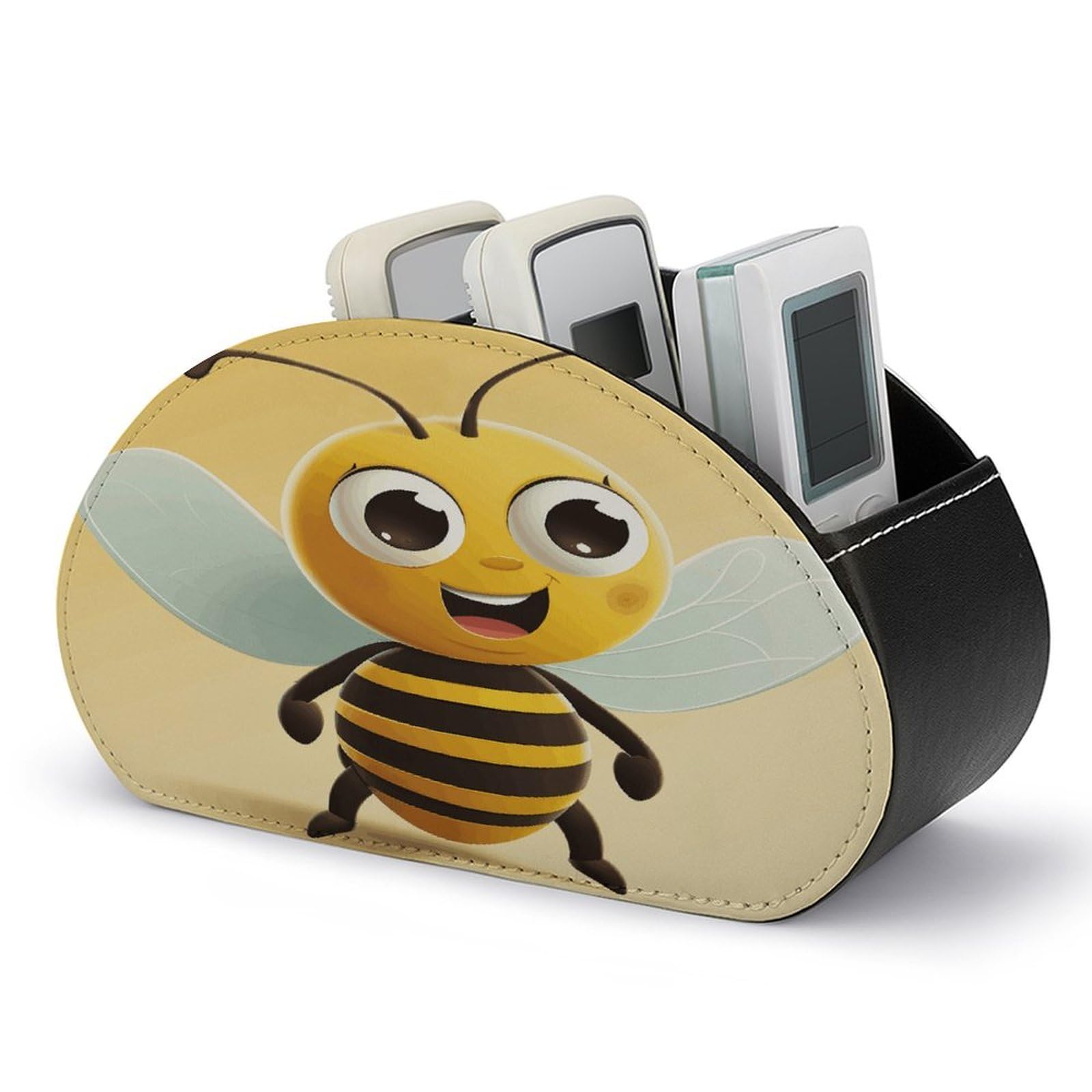 JTREHY Cartoon Bee Remote Control Holder 5 Compartments Remote Caddy Tray PU Leather TV Remoter Storage Box Bedside Table Storage Organizer Office Desk Storage Case