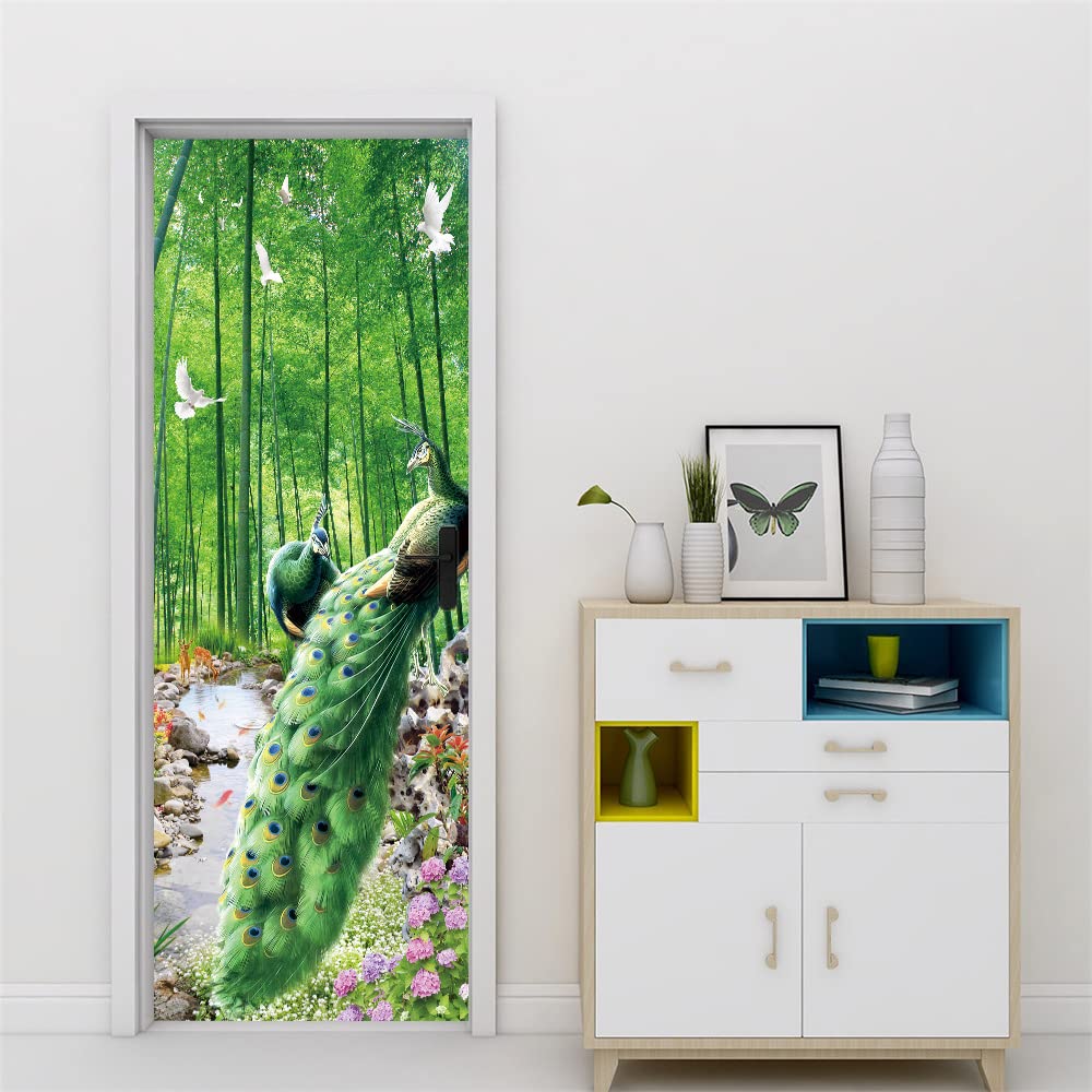 3D papier peint porte trompe l'oeil sticker mural paon vert en PVC 95x215 cm