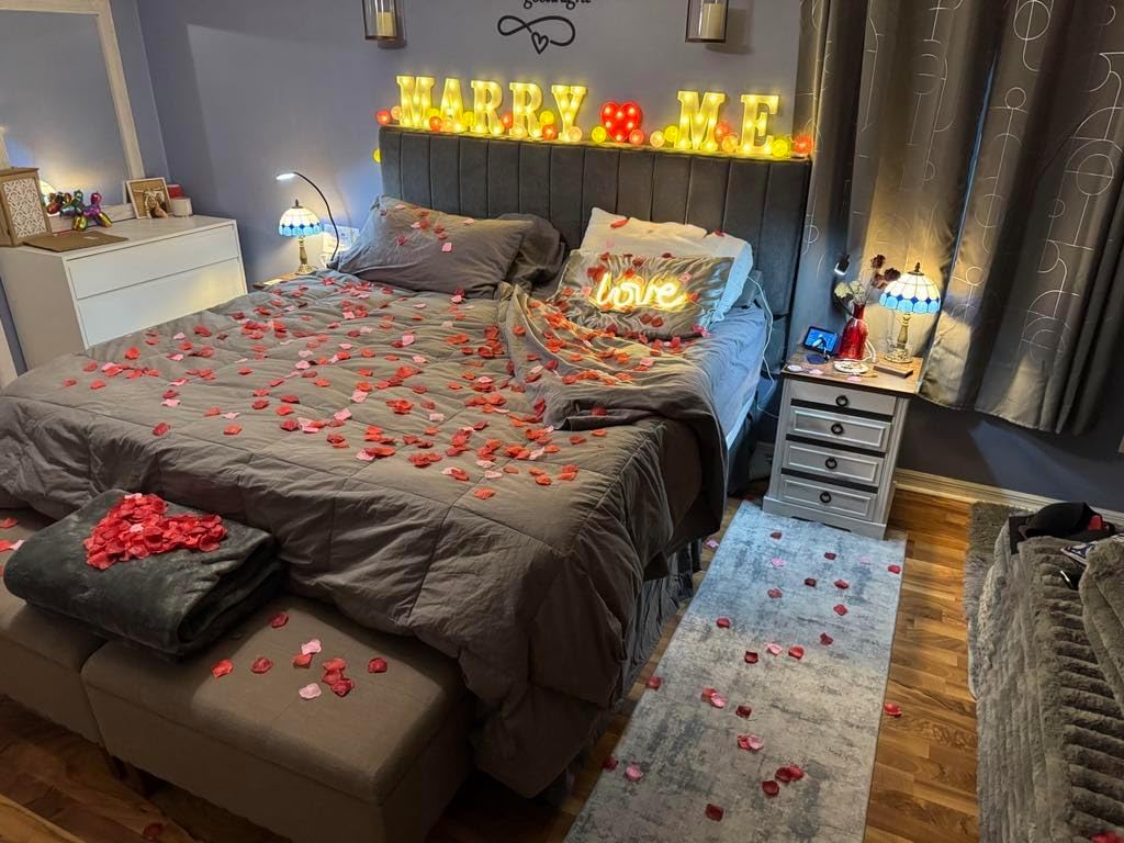 LED Marry Me Light Up Letters with Rose Petals, Love Candles, USB Lamp, Romantic Proposal Decorations