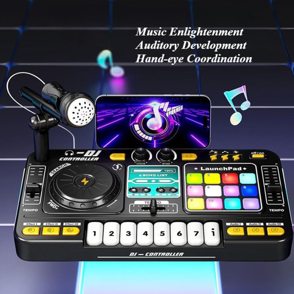 NEWFUN Console DJ Portatile con Mixer e Bluetooth, Mixer Bluetooth Con Microfono Regolabile,Effetti Di Luce Sfumata, Adatto Per Feste,Con Luci e Tastiera