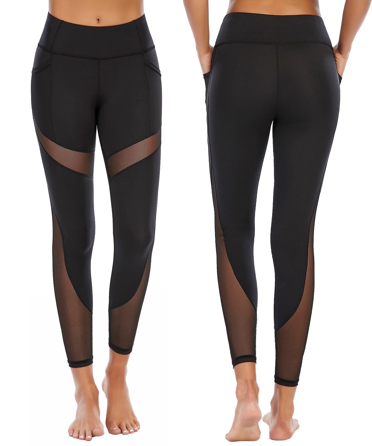 CSTOWN Pantalones de yoga de cintura alta con bolsillos laterales de malla elástica, leggings de entrenamiento, control de barriga, mallas de yoga - negro - X-Large