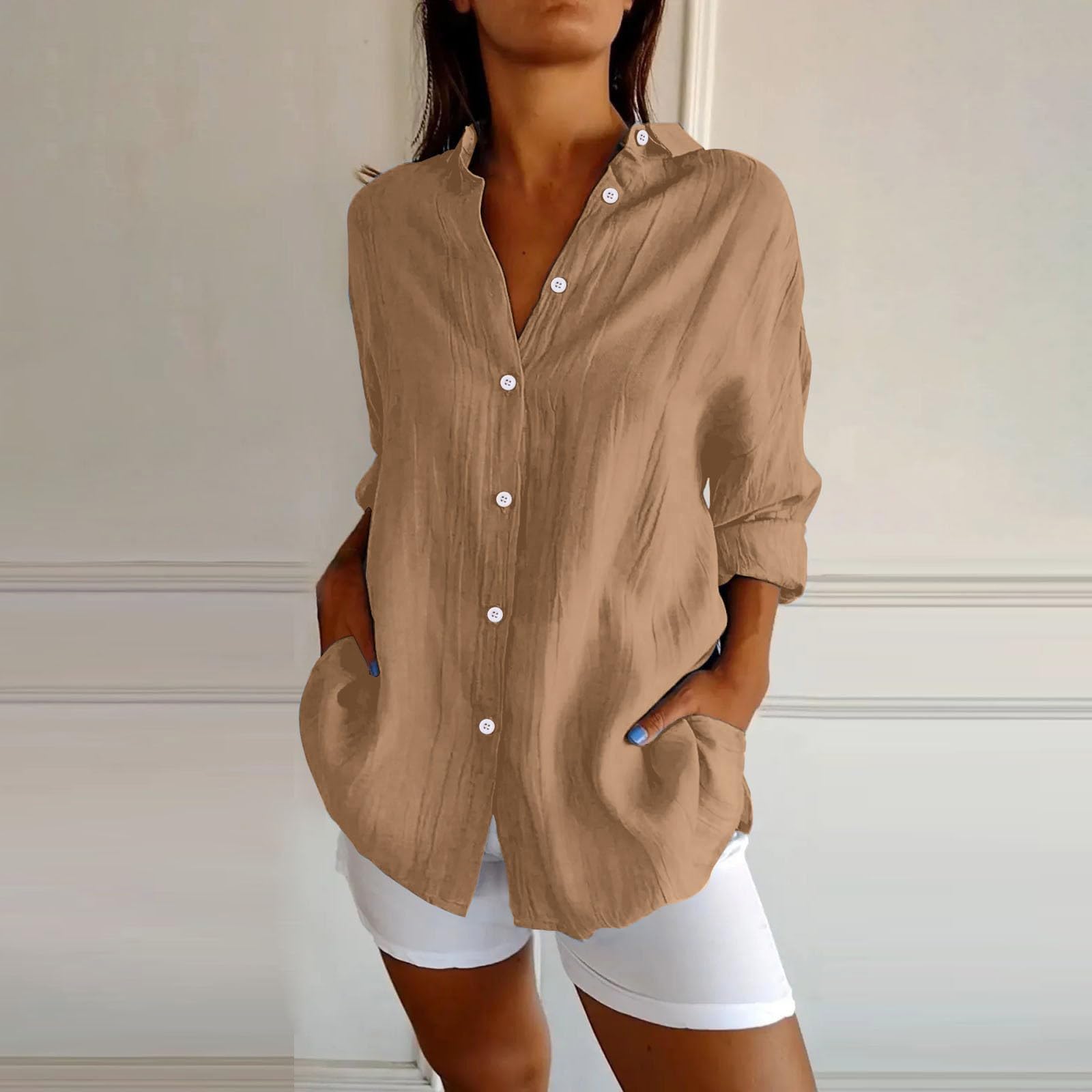 Camicie da donna a maniche lunghe in lino estate 2026 classico casual button down mussola oversize camicette alla moda risvolto Vcation abiti in cotone lino fidanzato colletto garza donna primavera