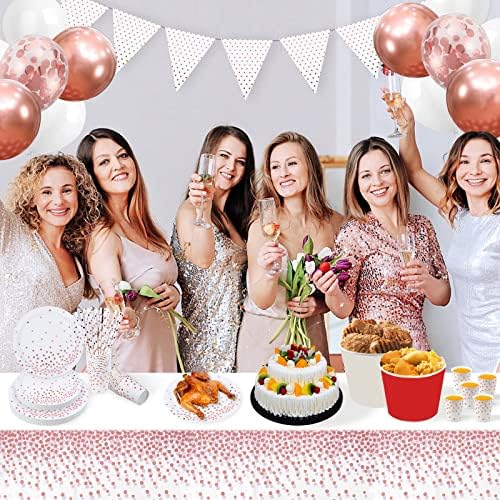 Party Paper Plates and Napkins Set, 97 Pcs Rose Gold Party Supplies, Rose Gold Party Tableware with Tablecloth, Cup, Banner, Rose Gold Balloon for Wedding, Birthday, Anniversary, Bachelorette Party