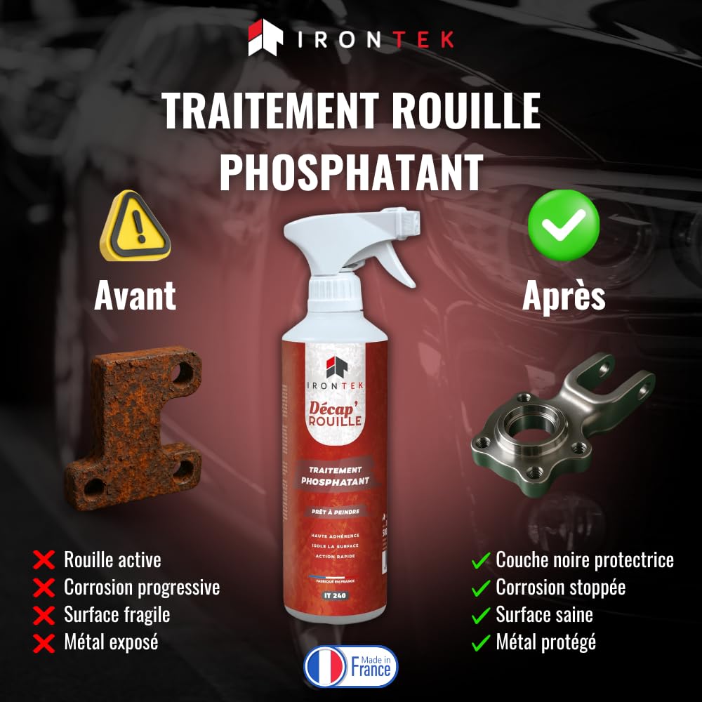 Anti-Rouille Phosphatant 500ml - IRONTEK | IT240 | Spray Stop-Rouille Action Rapide | Convertisseur Rouille Métal | Séchage Rapide 2-3min | Recouvrable Peinture | Intérieur et Extérieur