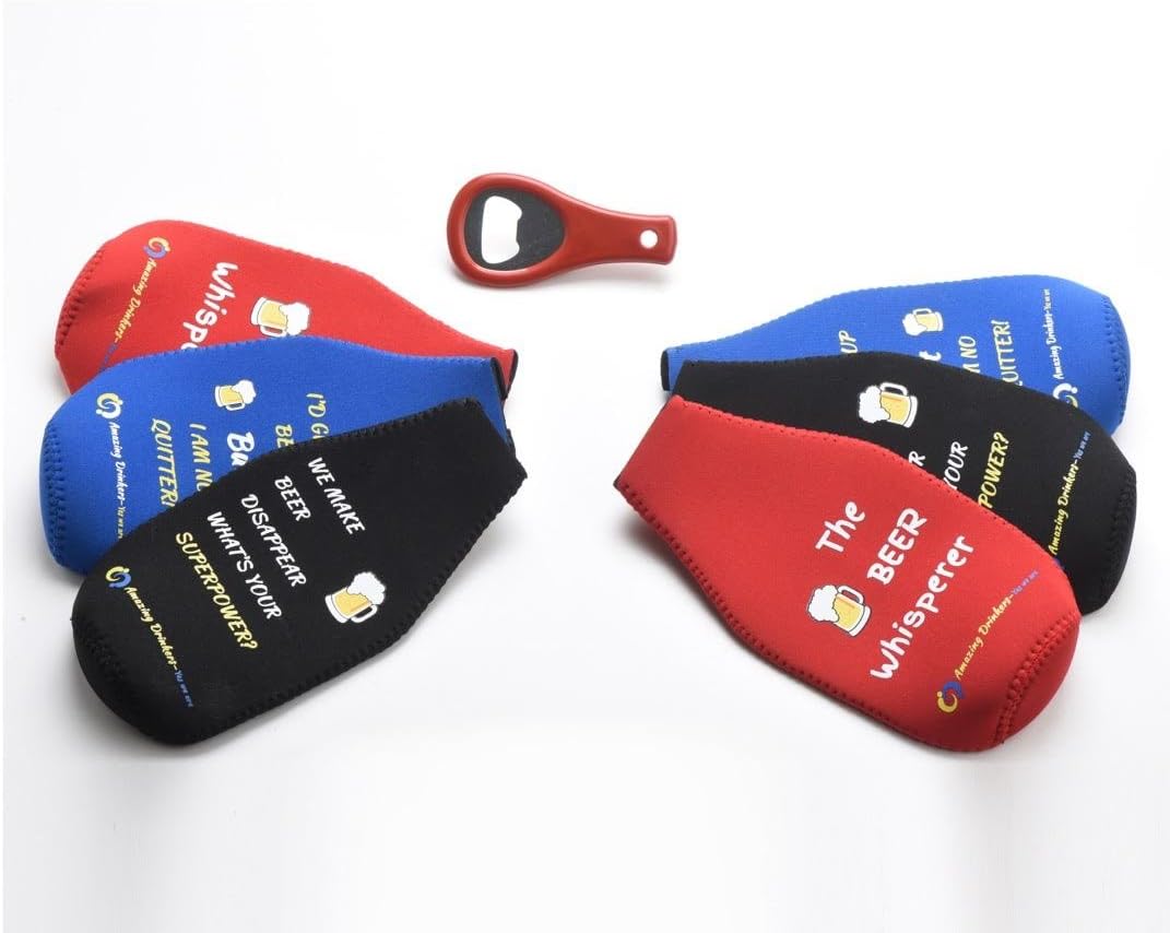 Beer Bottle sleeves- Set of 6 Multi Color Zipper Coolies with Funny Quotes - Thick Neoprene - Fully stitched, Non-Glued Base - Thermosuit Cooler + Bottle Opener - Trendy & Awesome any occas. Gift #3FQ : Home & Kitchen