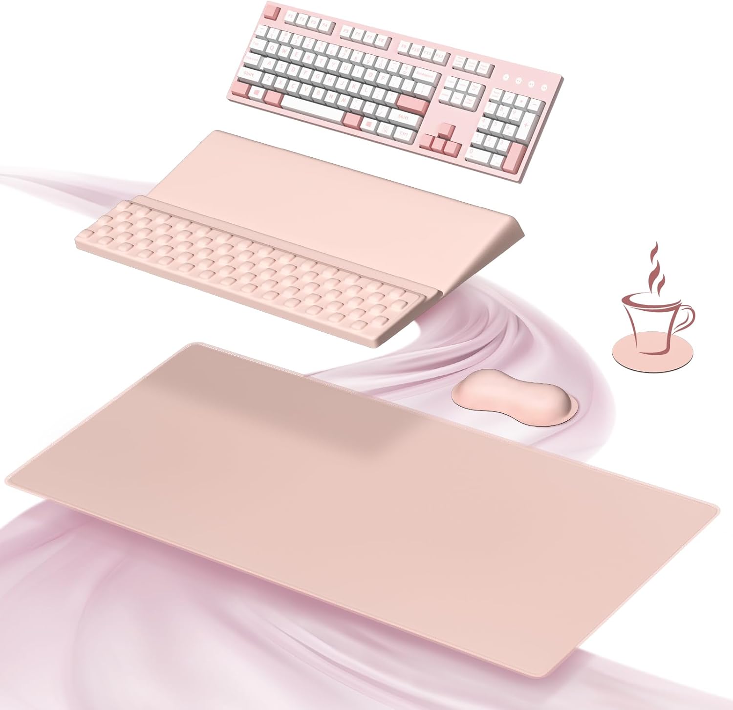 Ospelelf Keyboard Stand Wrist Rest Pad and Ergonomic Mouse Pad Set with Large Mousepad Desk Mat, Memory Foam Comfort, Premium Office Desk Accessories for Pain Relief and Efficiency, Pink