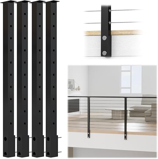 Muzata 4Pack Level-drilled Side Mount Cable Railing Post 36"x2"x2" Work with Cable Railing Kits Fixed Top Black Cable Rail...