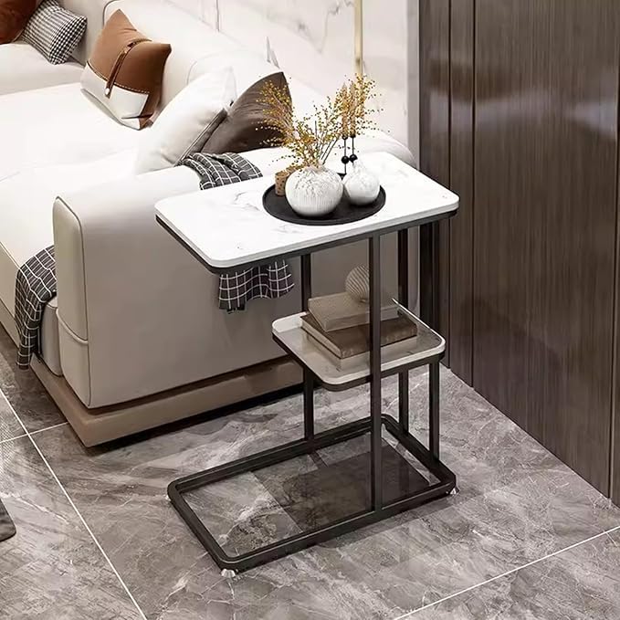 Image of Jumix Coffee Table with Rectangular Marble Look, Sofa Side Table, C-Shaped End Table, Modern, Easily Portable Snacks Metal-Framed Tea Table for The Living Room or Bedroom || Pack of 1