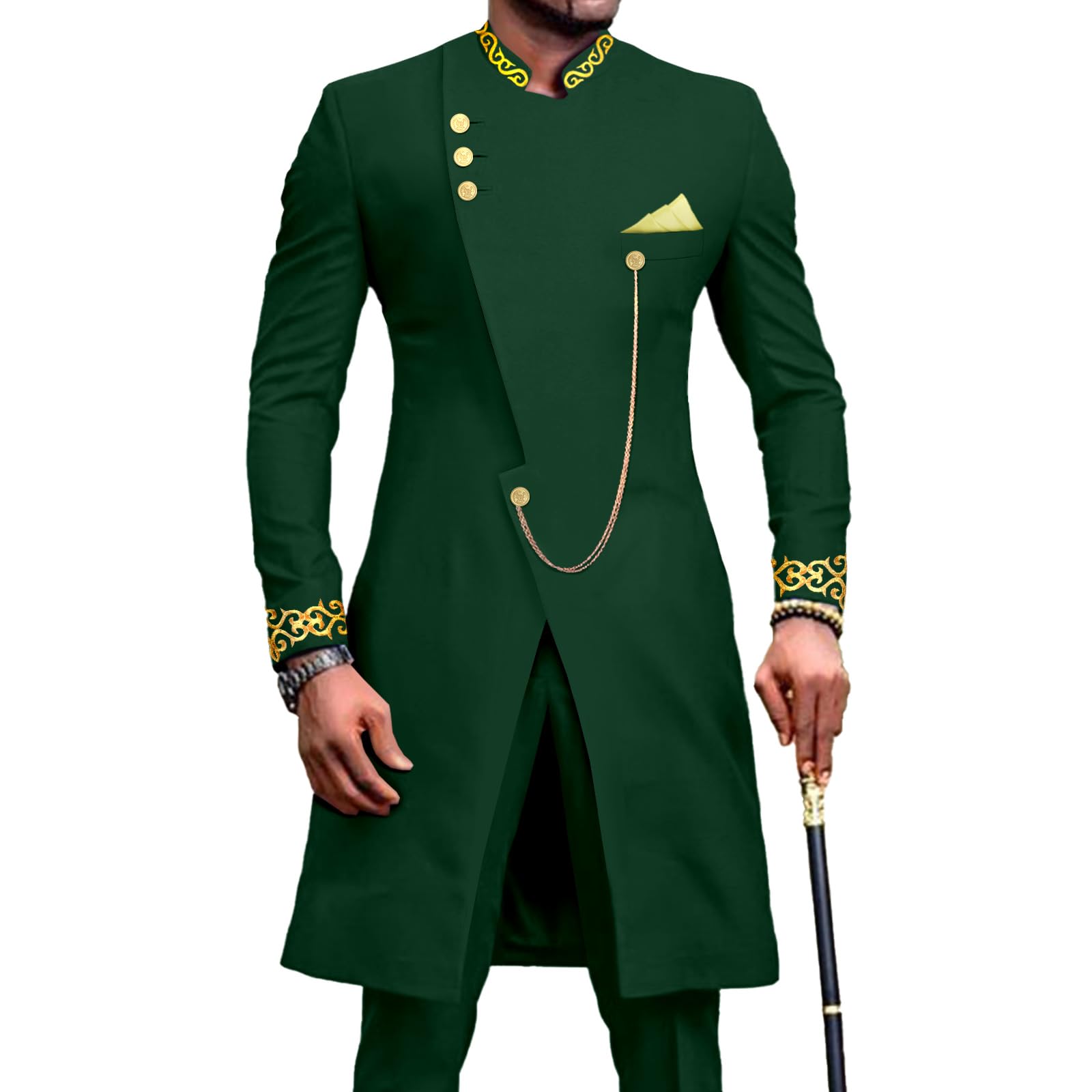 Africa-Pride Men's Green African Suits For Dashiki Embroidery Jackets And Pants 2 Piece Set Slim Fit Formal Outfits Wedding, S