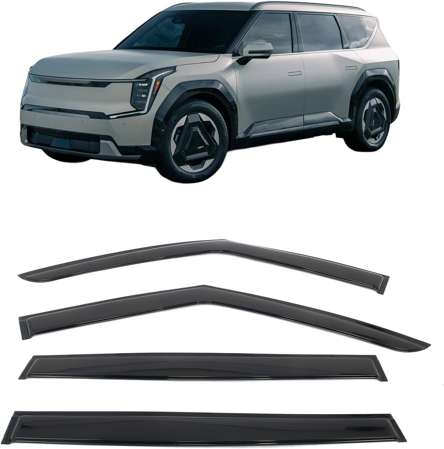 IKON MOTORSPORTS Tape on Window Visors Compatible with 2024-2026 Kia EV9, Acrylic Smoke/Tinted Rain Guards, Side Window Wind Deflectors 4PCS