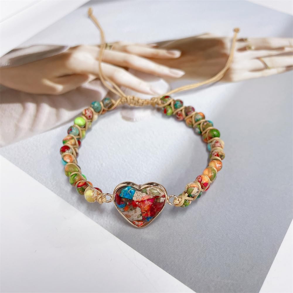 7 Chakra Healing Natural Stone Heart Wrap Bracelet for Women Girls Colorful Emperor Beaded Health Balance Love Heart Friendship Boho Strands Bracelets Handmade Genuine Leather Trendy Jewelry Bff Girlfriend Gifts