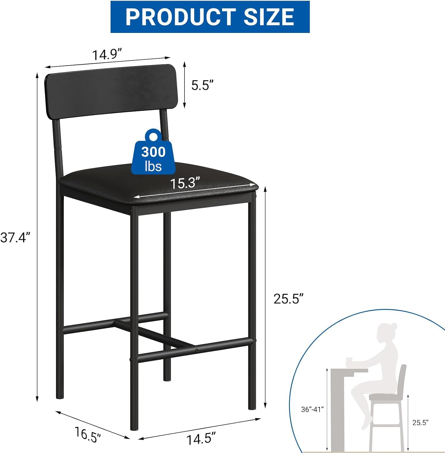 Set of 4 Modern Counter Height Dining Chairs – 25.5" Upholstered Bar Stools – Cushioned Seat, Sturdy Metal Legs, Supportive Backrest & Footrest – Minimalist Style for Home or Restaurant