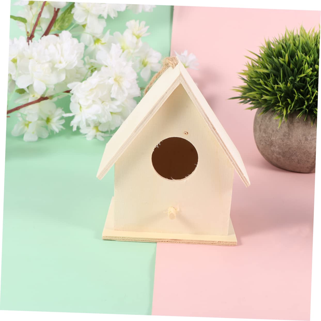 WOONEKY 6 Stück Teiliges DIY Vogelhaus aus Holz Unvollendetes Bastelset mit Stabilem Stand und Dicker Aufhängekordel zum Bemalen und Dekorieren als Lernspielzeug für Wohnraumgestaltung