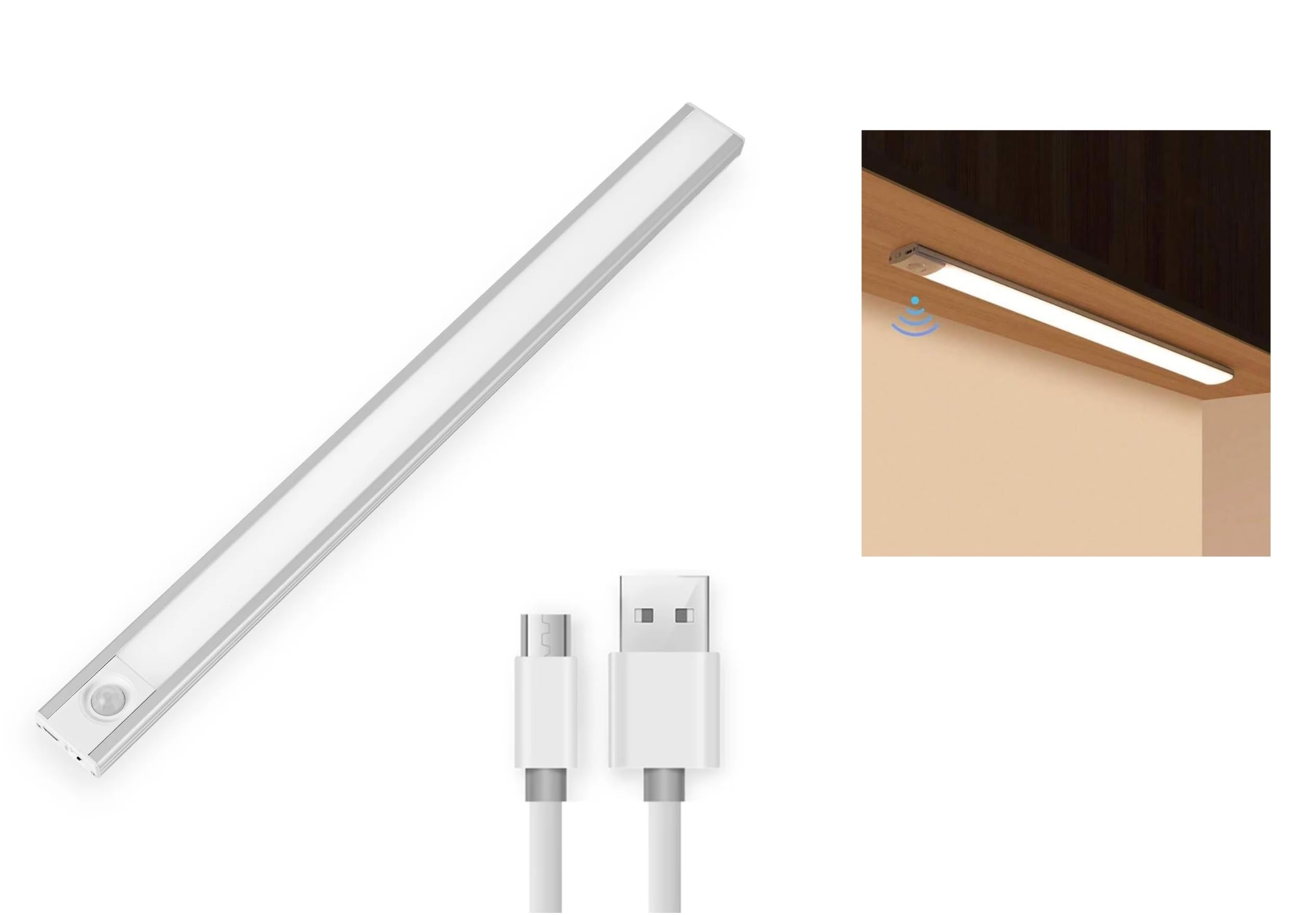 Mr.Gadget's Solutions LED Motion Sensor Closet Light with USB Rechargeable Battery, 3 Color Temperature Options, Dimmable Under Cabinet Lighting, Light for Kitchen, Wardrobe, Stairs (40cm)