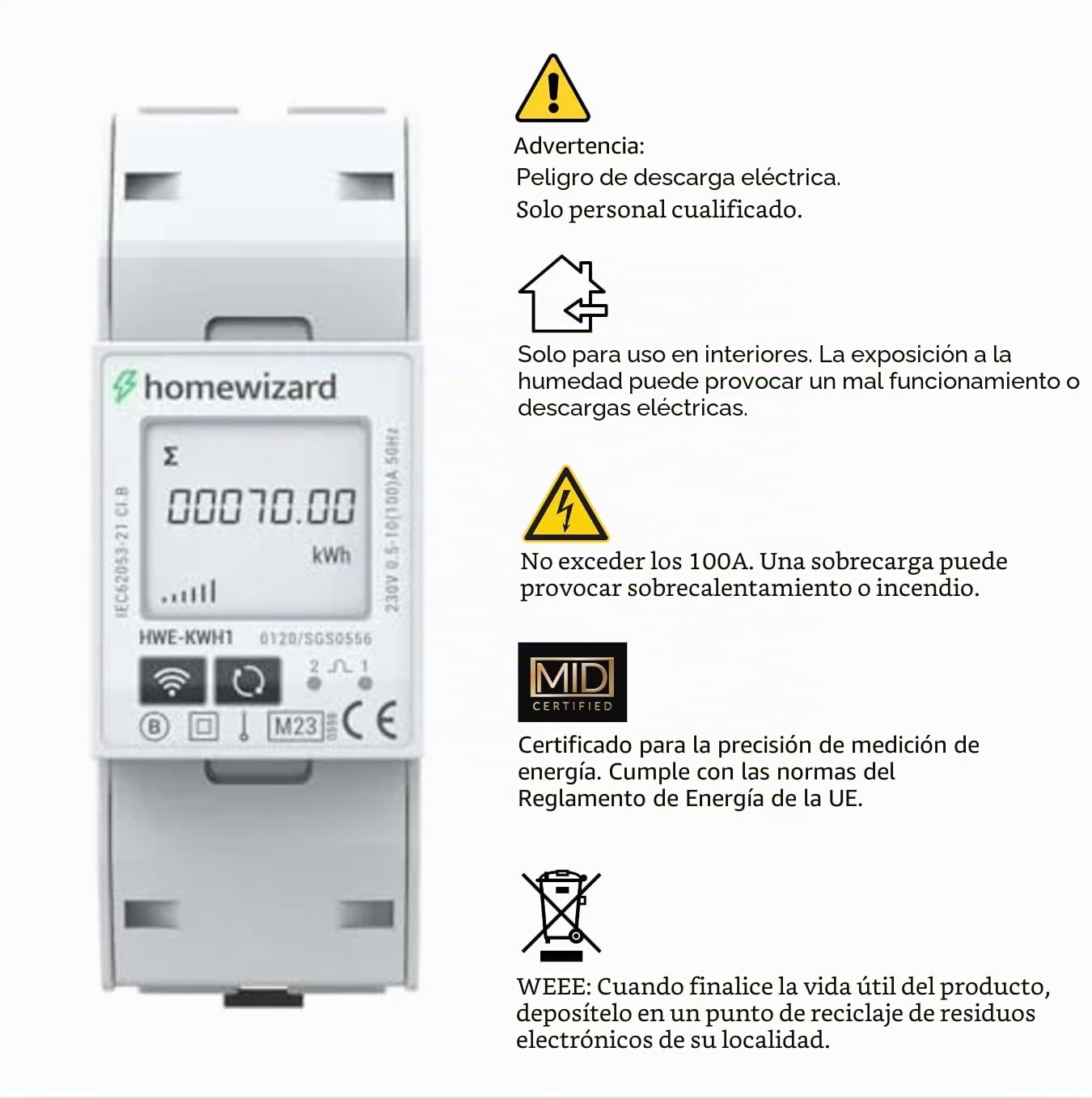 HomeWizard kWh metro WLAN 1 fase, medidor de electricidad certificado MID | Riel DIN de 35 mm, 100 A, 230 V, para bomba de calor, coche eléctrico y planta de energía de balcón