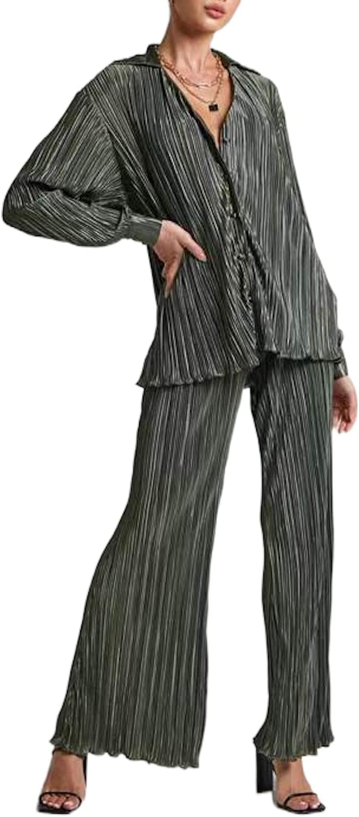 KMBANGI Women 2 Piece Pleated Pants Set Long Sleeve Button Down Blouse Shirt Printed Wide 90s Pants Outfits Lounge Streetwear