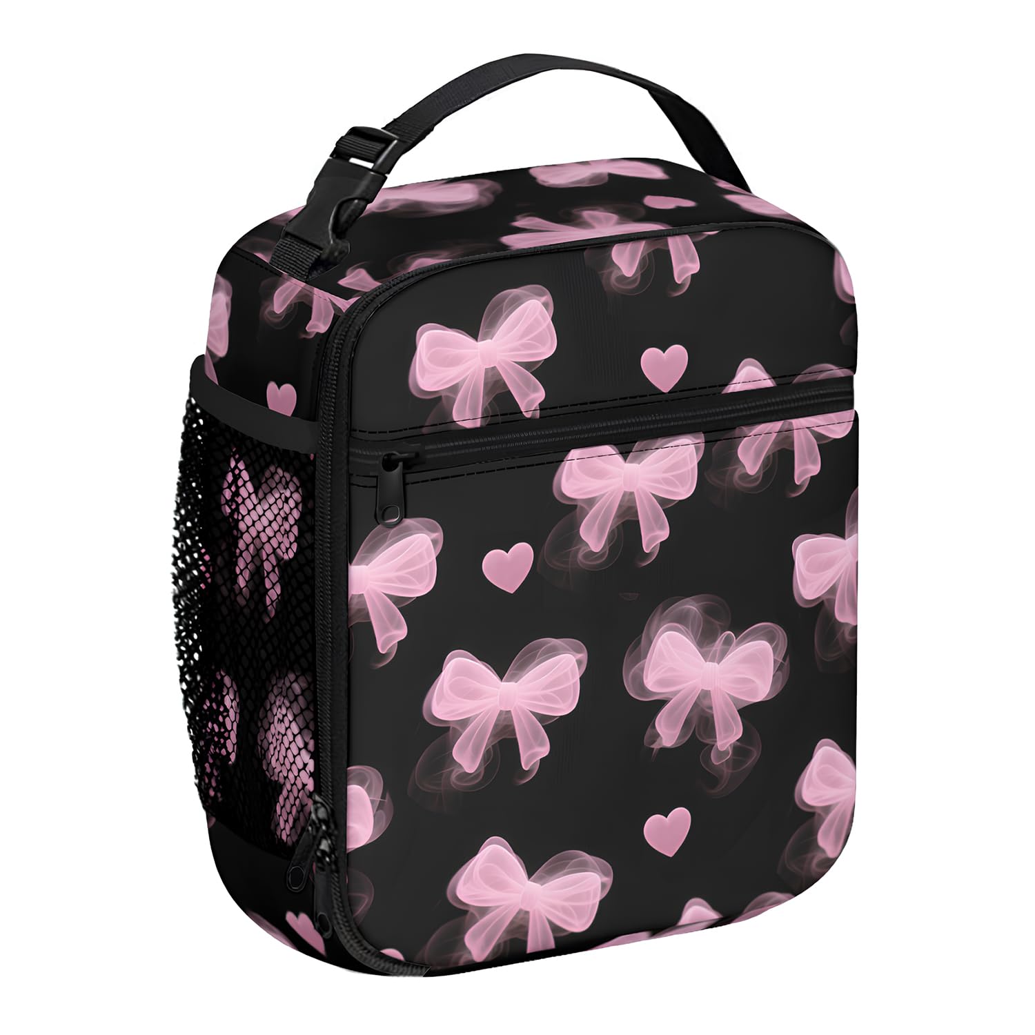 Nevicor Insulated Lunch Bag for Women, Cute Black & Pink Bow Girls Lunch Box, Portable Packed Lunch Bag with Sturdy Handle, Leakproof Cooler Lunch Bags for Work School Picnics Outdoors