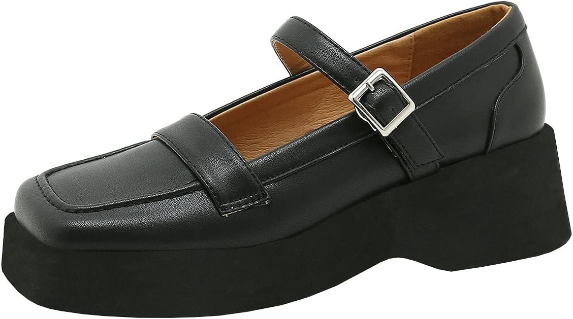 Trendenzy Womens Square Toe Mary Jane Uniform Shoes Gothic Wedge Platform Vintage Pumps