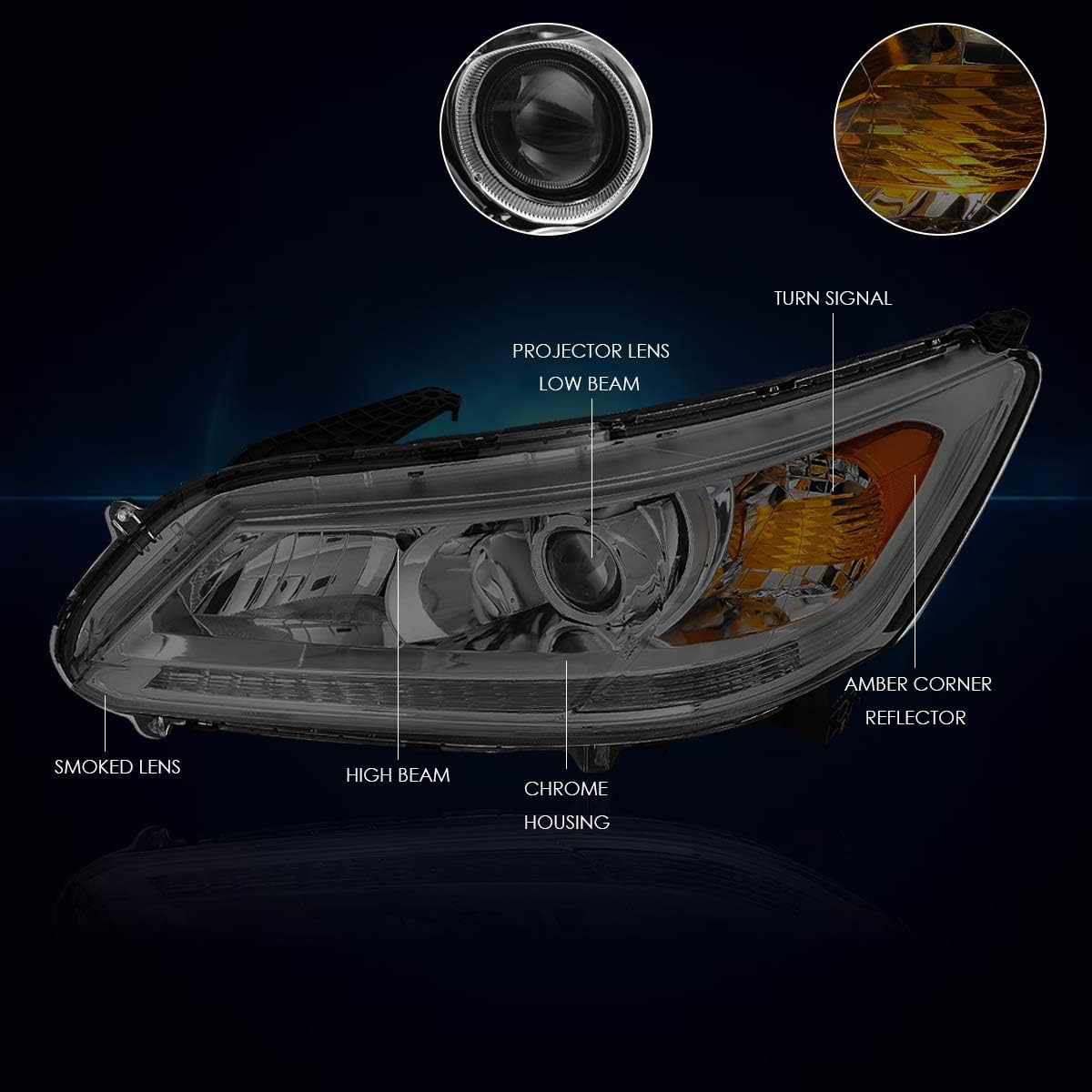 PM PERFORMOTOR Headlights Assembly Compatible with 2013 2014 2015 Honda Accord Projector Headlamps with Amber Corner