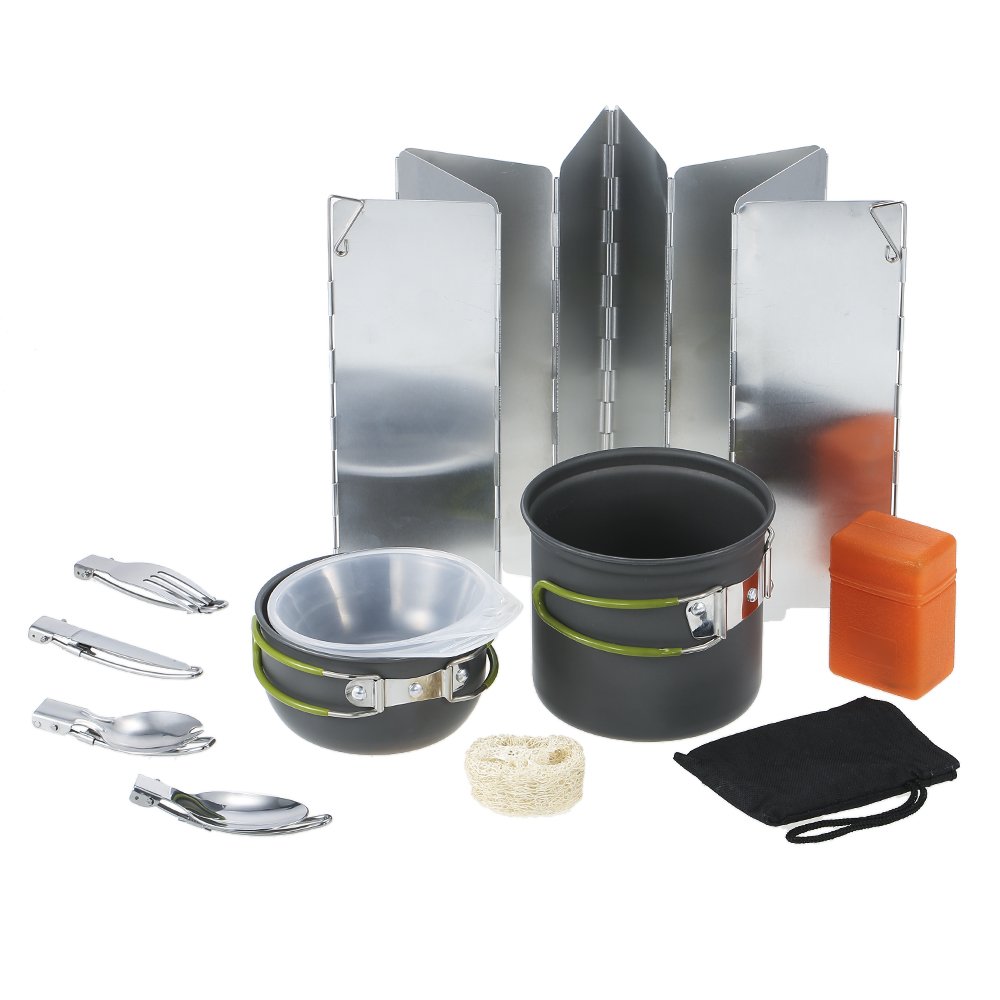 TOMSHOO 11PCS Outdoor Camping Cookware Set Portable Hiking Backpacking Cooking Picnic Cooking Pot Pan Set Bowl Spoon Fork Spork Cutlery Dinnerware with Folding Piezo Ignition Stove