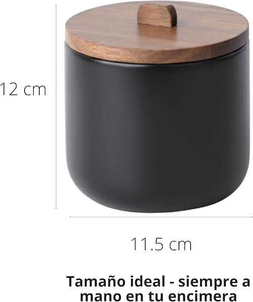 Kook Time Salero de Cocina de Cerámica CURVE - Bote Hermético con Tapa de Madera de Acacia. Tarro Multiusos para Sal, Azúcar o Especias. Diseño Nórdico Moderno. 11.5 x 12 cm. - Negro Mate - 4