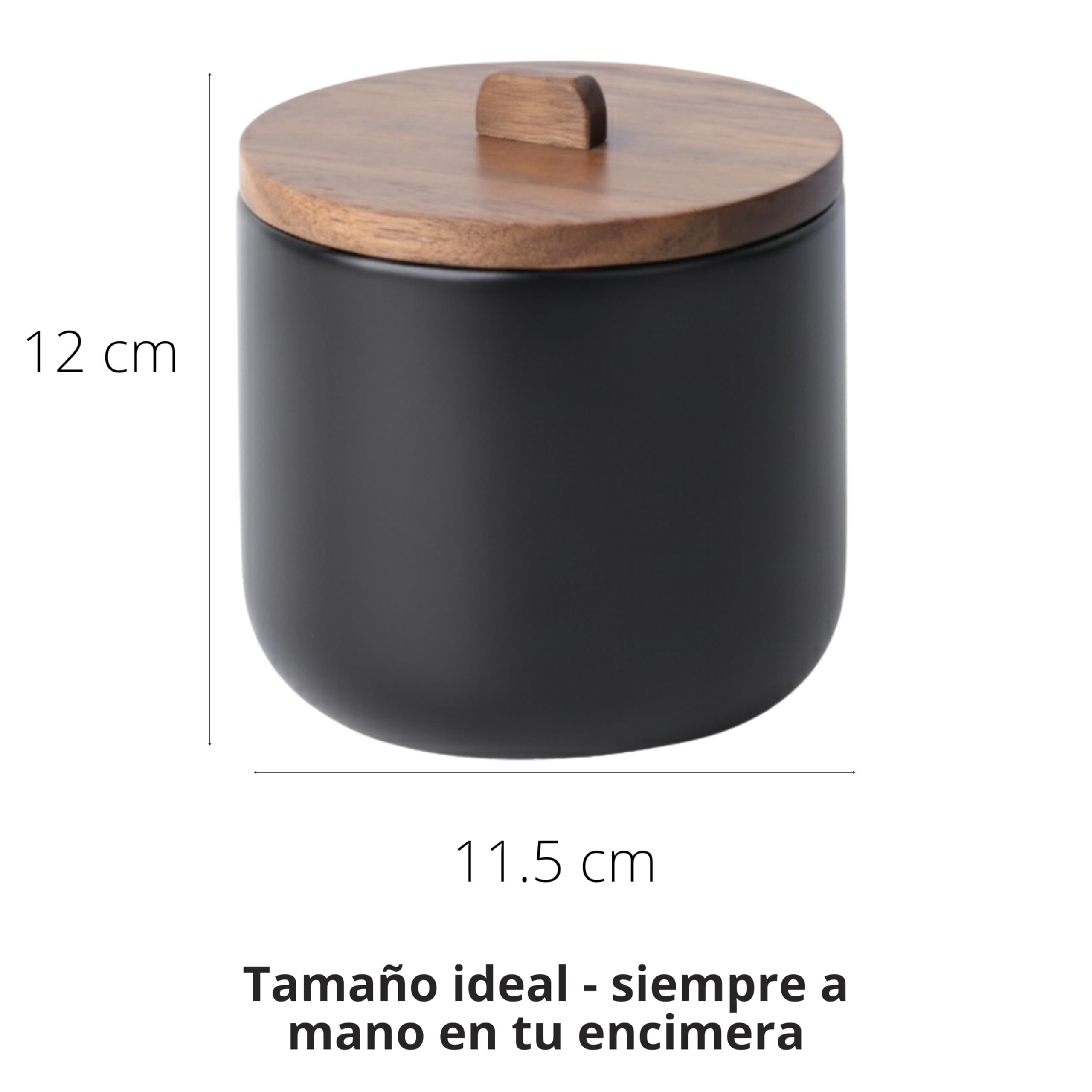 Kook Time Salero de Cocina de Cerámica CURVE - Bote Hermético con Tapa de Madera de Acacia. Tarro Multiusos para Sal, Azúcar o Especias. Diseño Nórdico Moderno. 11.5 x 12 cm. - Negro Mate - 4