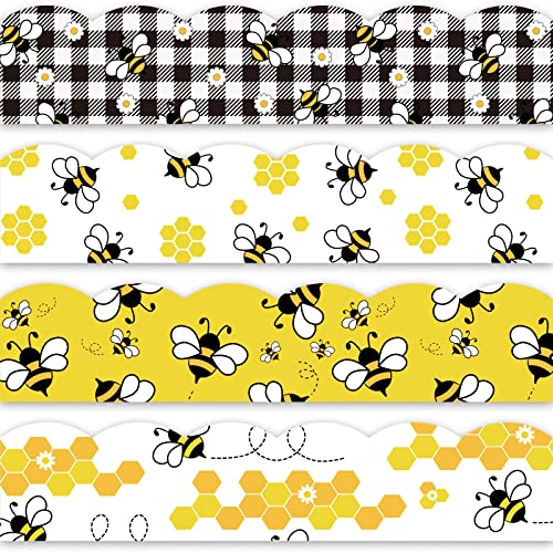Image of Whaline 69Ft Bee Bulletin Board Borders Black Yellow Cartoon Bees Honeycomb Bulletin Board Stickers Plaid Daisy Flower Border Trim for Classroom Office Bee Themed Party Decoration, 60 Pcs