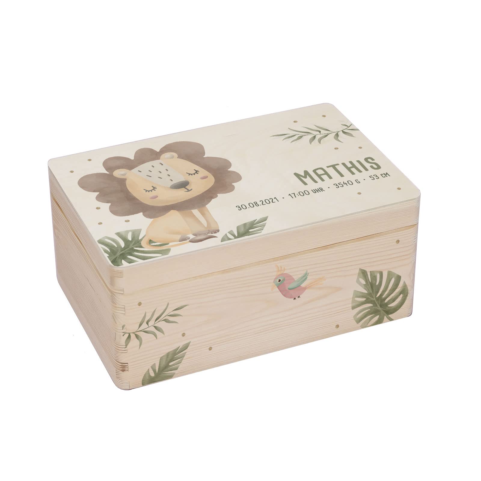 hellomini Personalisierte Erinnerungsbox Baby - Erinnerungskiste mit Namen aus Holz - Geschenk zur Geburt für Mädchen & Jungen - Babygeschenke (Löwe, S: 30x20x14cm - Druck Vorderseite)