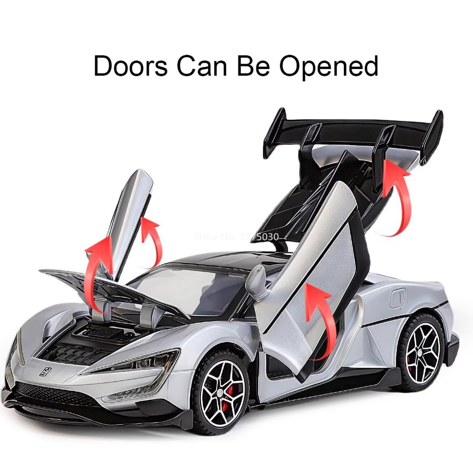 Image of 1:32 Scale Die Cast BYD U9 Sports Car Model, Silver | Metal Body, Pull Back Toy Car, Openable Doors, Realistic Design, For Kids & Collectors