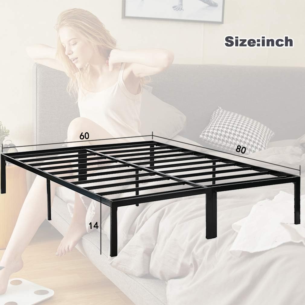 FDW Platform Bed Frame Queen Metal Base Mattress Foundation No Box Spring Needed 14 Inch Heavy Duty Steel Noise-Free,Black