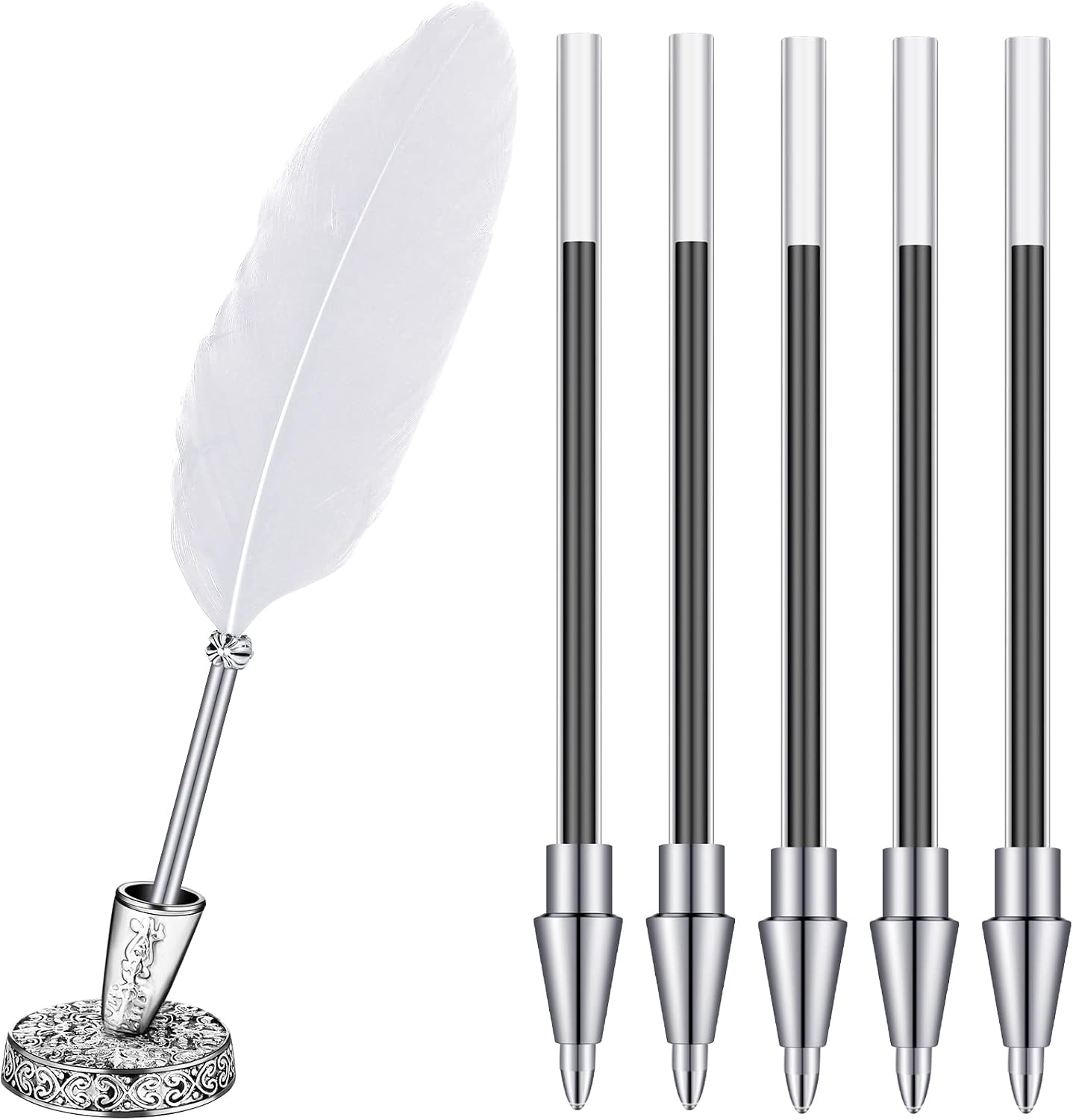 Feather Ballpoint Pen and Vintage Metal Pen Holder, Classic Style, White