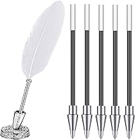 Vista 8 de Bolígrafo de plumas y soporte para bolígrafo de metal vintage, tinta negra, pluma de plumas vintage con 5 piezas de repuesto para boda, firma