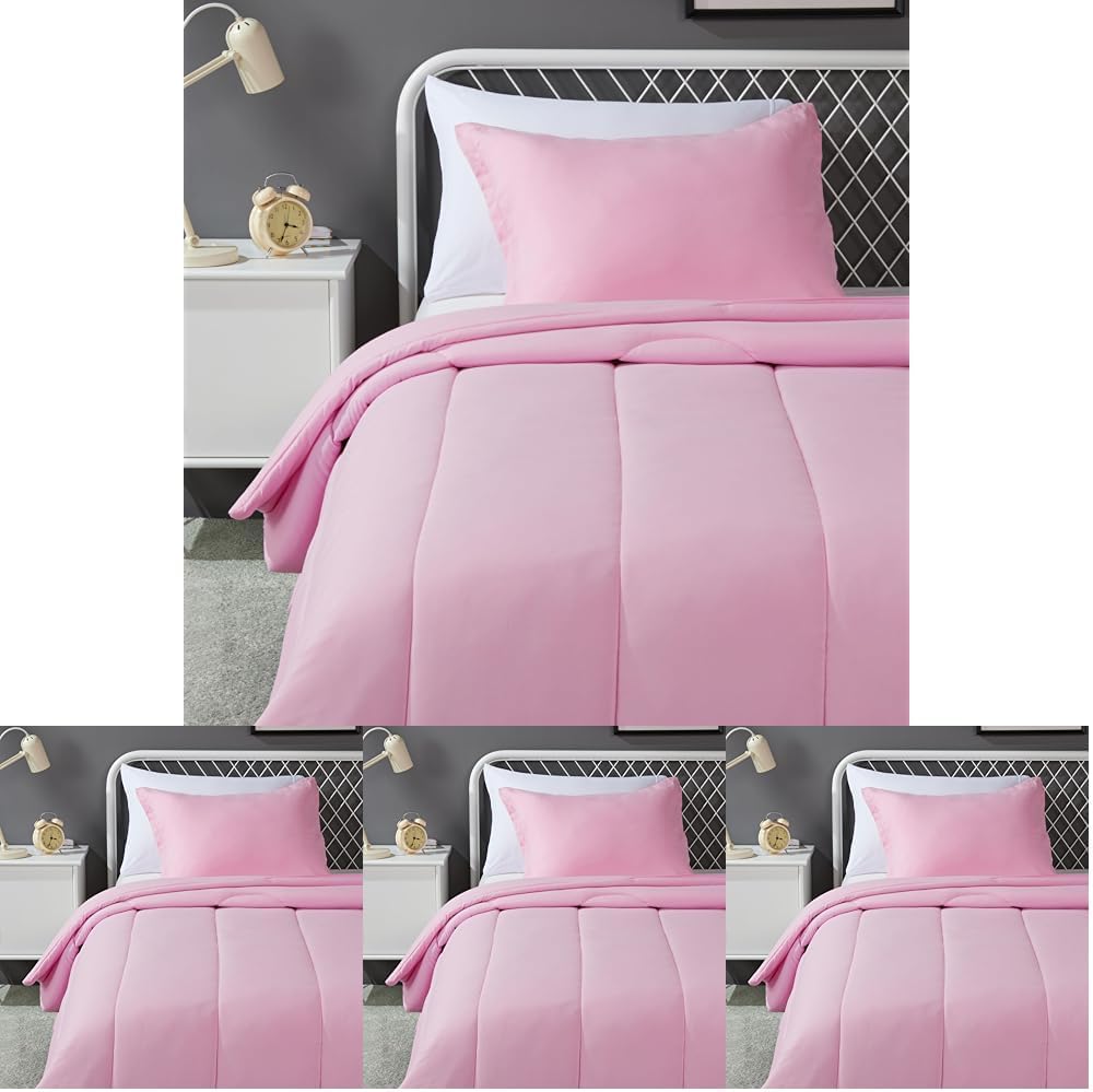 Amazon Basics 2 Piece Soft Microfiber Kid's Comforter and Pillow Sham Set, Twin, Light Pink, Solid (Pack of 4)