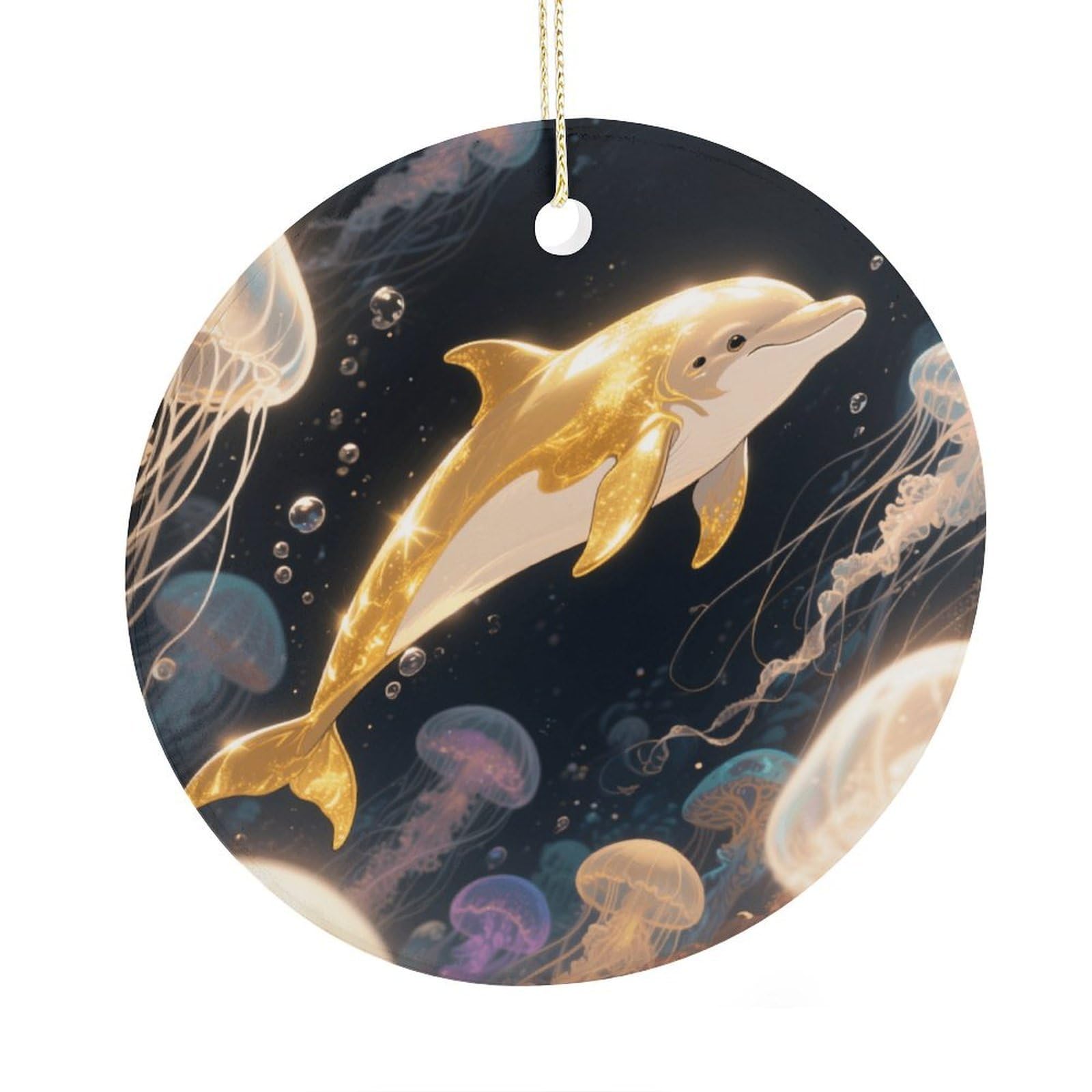 Fekiloot Style Golden Dolphin Christmas Ornaments 2.9 Inch Round Ceramic Ornament Keepsake Thank You Gifts For Office, Room, Home - Holiday Present Ideas