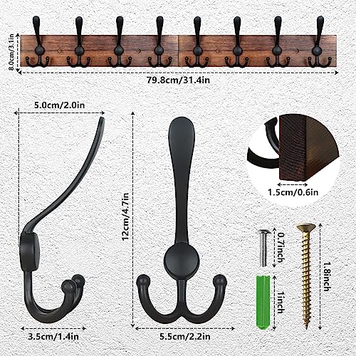 IBosins Wall Mounted Coat Rack, 31-2/5'' Long, Entryway Hanging Rack, Metal Wood Coat Hooks Rack with 8 Black Rustic Tri-Hooks Rail for Coat, Bag, Towel, Key, Hat, Umbrella - Thumbnail 2