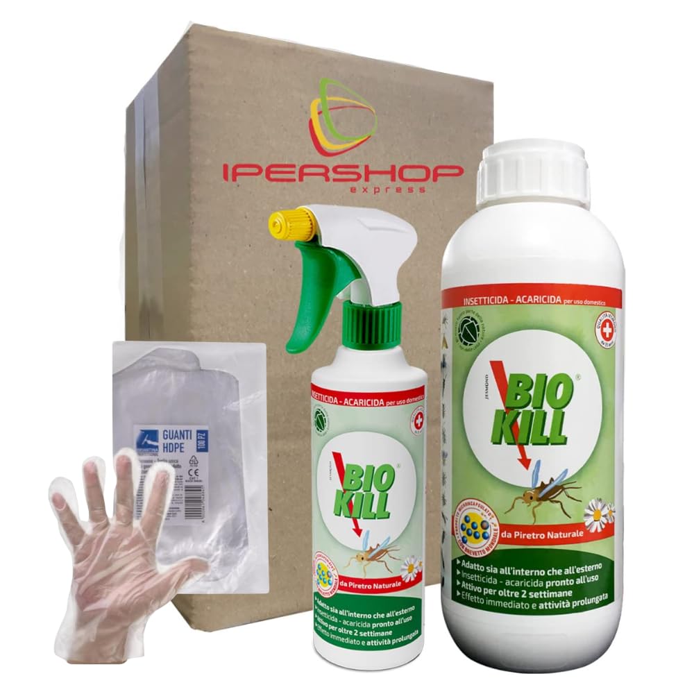 BIO KILL SET INSETTICIDA-ACARICIDA da Piretro Naturale: Flacone Spray 375 ml + Ricarica 1 litro Biokill + OMAGGIO 100pz Guanti HDPE Monouso