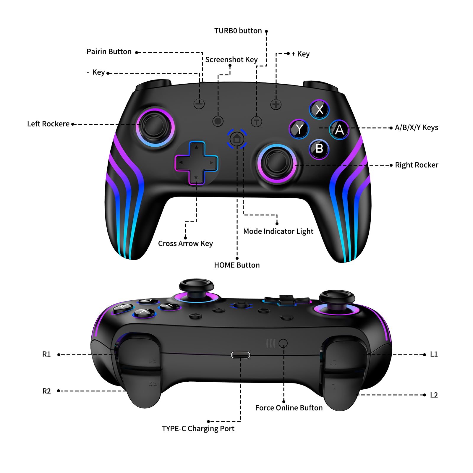 Riscvma 2pcs Controller per Switch/Switch 2/Lite/OLED/PC, Controller per Nintendo Switch con RGB 7 Colori Cambiabili/Vibrazione Duale/Giroscopio 6 Assi/Turbo, Ergonomico e Joystick, Nero+Bianco