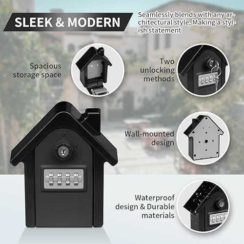 Miniatura 4 de Caja de bloqueo de llave con combinación de cerradura y cerradura de llave, caja portátil de almacenamiento de llaves de gran capacidad montada en