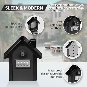 Key Lock Box with Combination lock & Key lock, Portable Large Capacity Key Storage Box Wall Mounted, Resettable Code, Waterproof Security Lock Box for Home, Office, Garage, Realtors Black(1 Pack)