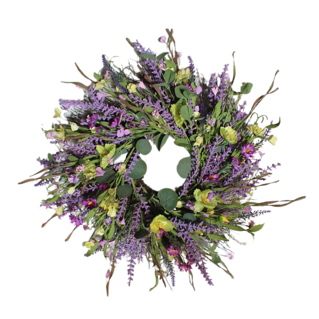 Hperu Assorted Color Artificial Lavender Wreath, 24 Inch Front Door Hanging Floral Wreath, Simulation Lavender Flower Garland For Home Decor Artificial Floral
