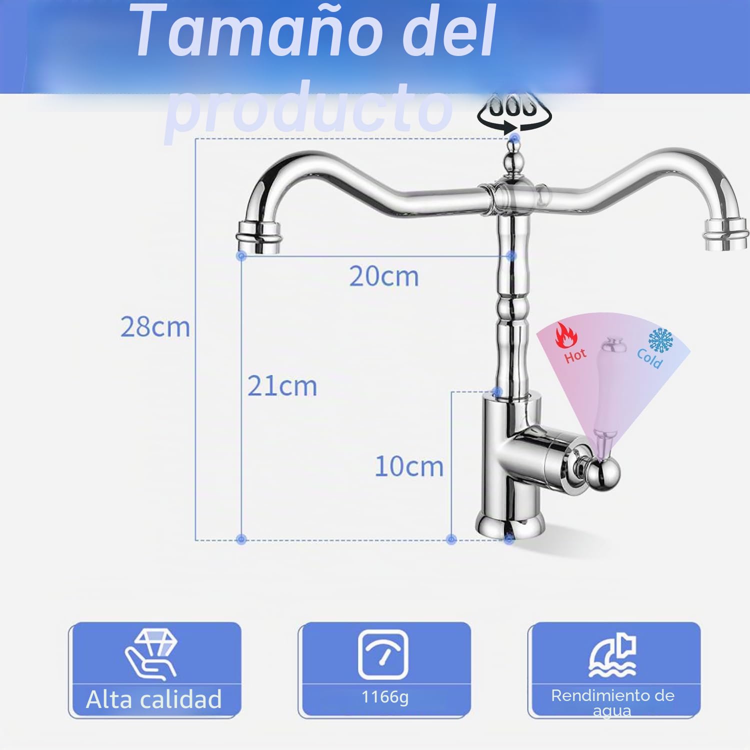 Grifo de cocina antiguo, mezclador de latón, grifo de lavabo, baño, giratorio 360°, mezclador frío y caliente (cromado)