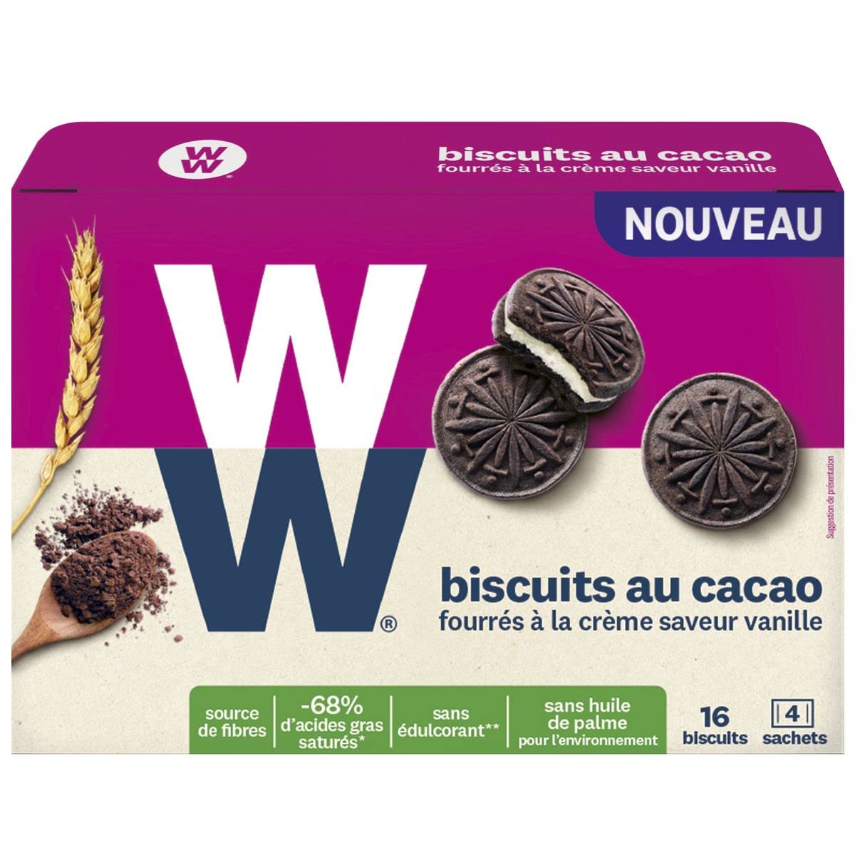 Lot de 6 unités *** WW Biscuit au cacao fourrés à la crème saveur vanille sachet fraîcheur 16 biscuits 176g*** soit un format carton de 6 unités ***