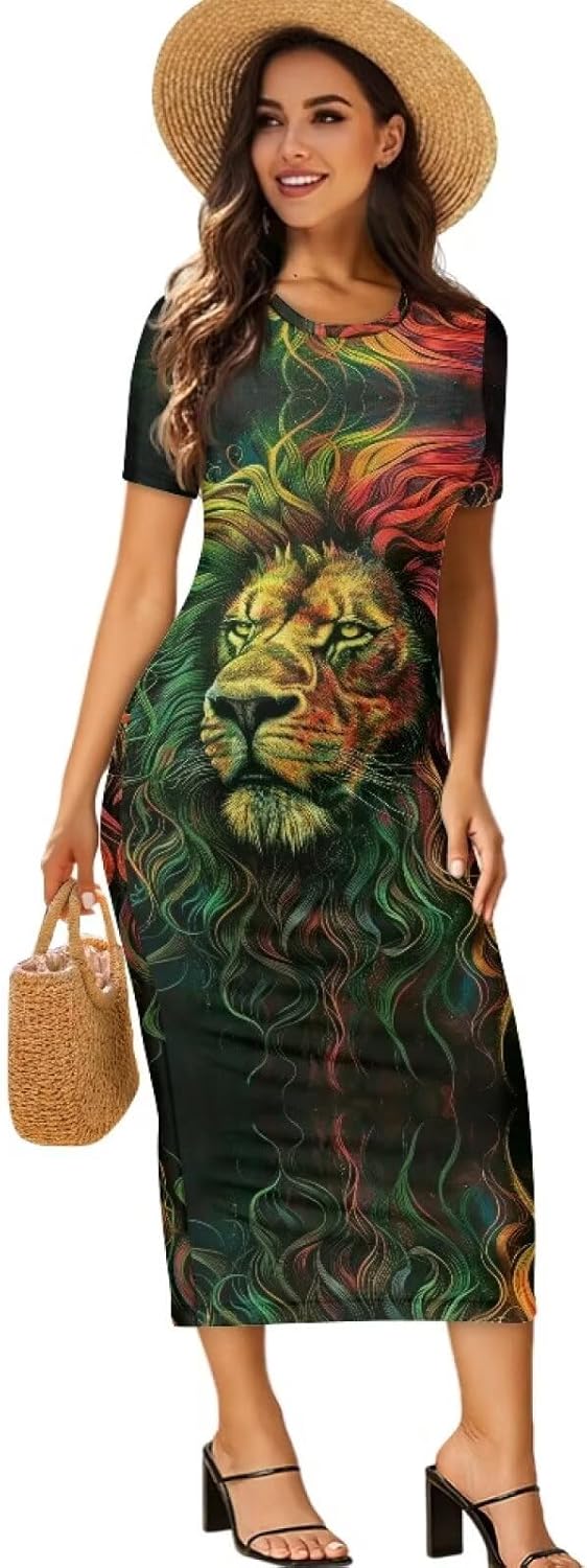 Womens Short Sleeve Jamaican Flag Midi Bodycon Dress Casual Crewn Neck Pencil Long Dress Plus Size