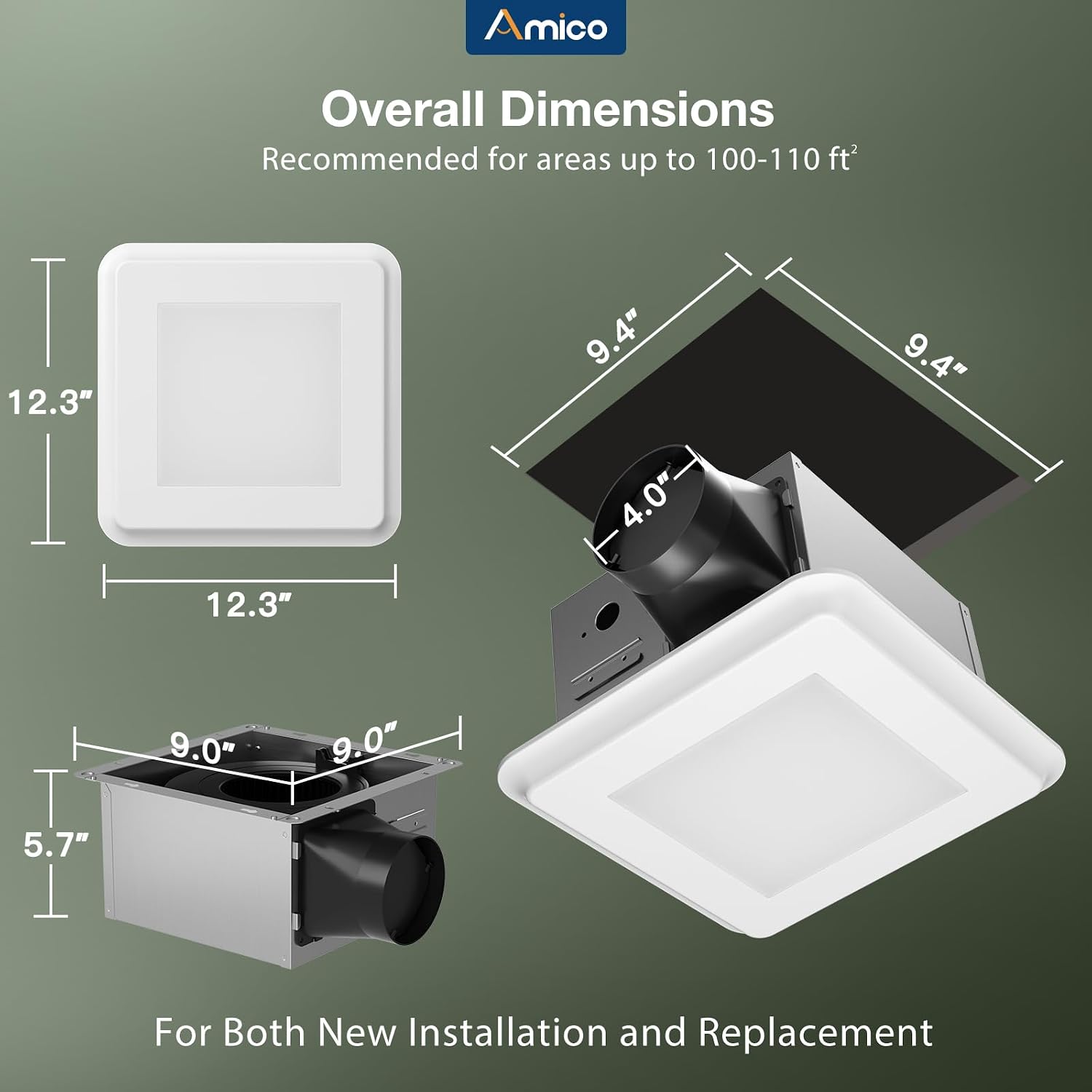 Amico Bathroom Exhaust Fan with Light, 110 CFM, 1.0 Sones, 5CCT, 1000LM, Easy Installation, Ceiling Mount Bathroom Fan, Adjustable Bath Exhaust Vent with light, ETL & FCC Certified